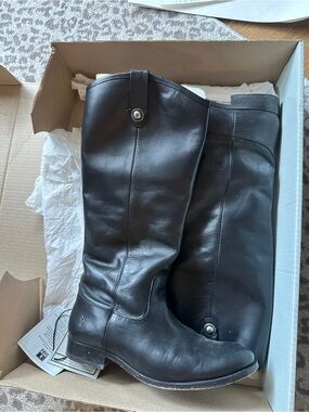 Frye Black Leather Boot with Branded Button Detail